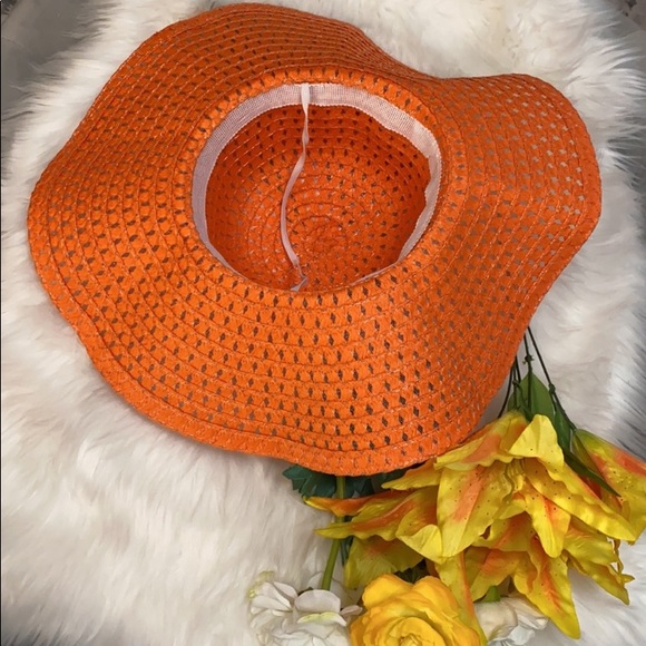 NEW! Orange Wide Brim Straw Sun Hat With Animal Print Bow - Picture 4 of 4